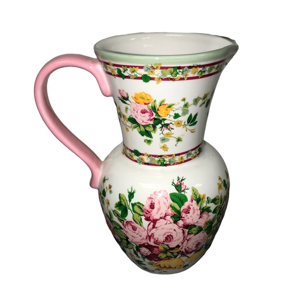 Vintage Laura Ashley Home Pink Roses Pitcher Vase 7 1/2" Tall
